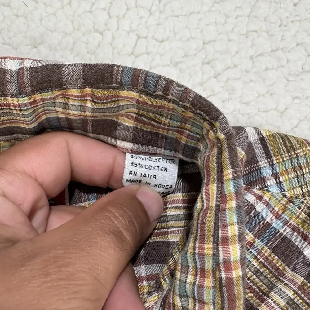 Vintage Ely Plains Pearl Snap Western Shirt Size 15-33 Yellow Brown Blue Plaid‎